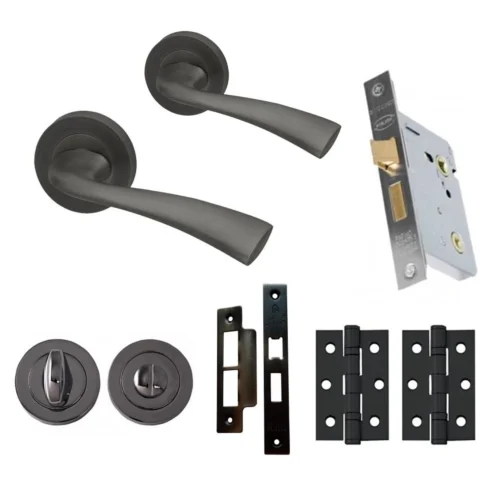 Scimitar Internal Bathroom Lever Handle On Round Rose Handle Set - Gun Metal Grey (107884)