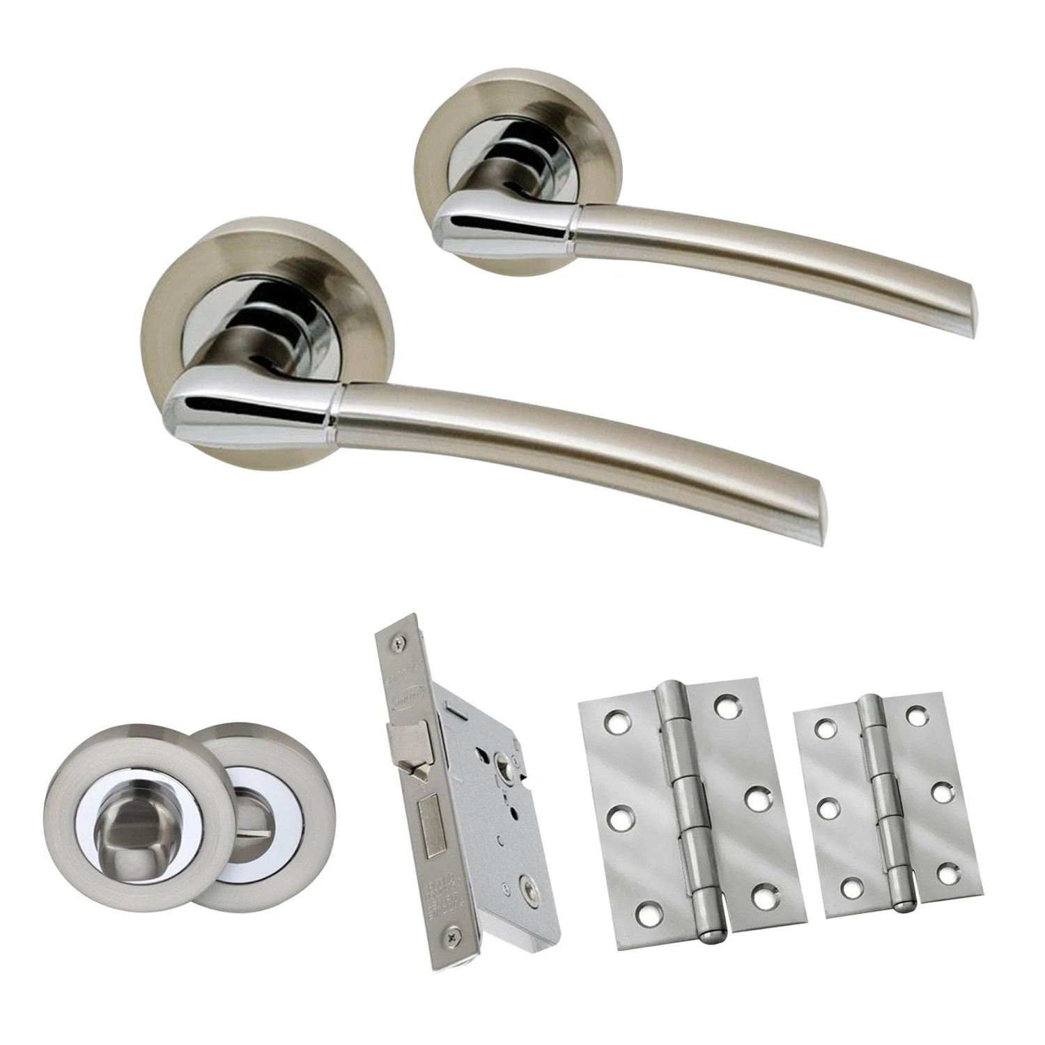 Designer Zoom Bathroom Lever On Round Rose Handle Set - Polished Chrome And Satin Nickel (108024) 1 Designer Zoom Bathroom Lever On Round Rose Handle Set - Polished Chrome And Satin Nickel (108024)