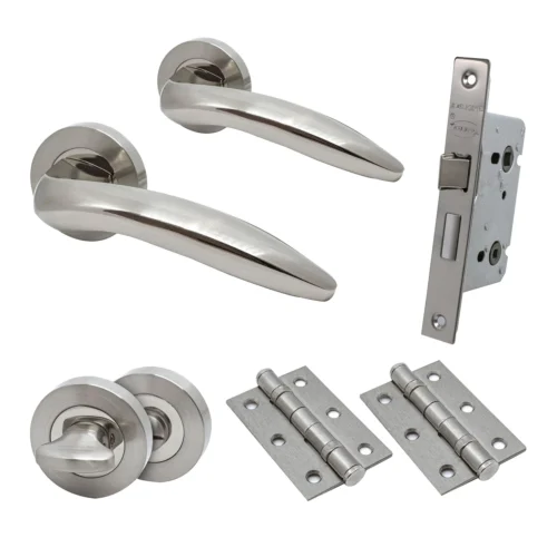 Premium Lancer Lever On Round Rose Bathroom Handle Set - Two-Tone Nickel (76721)