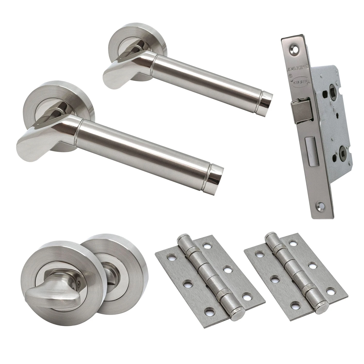 Premium Ventura Lever On Round Rose Bathroom Handle Set - Two-Tone Nickel (76727) 1 Premium Ventura Lever On Round Rose Bathroom Handle Set - Two-Tone Nickel (76727)