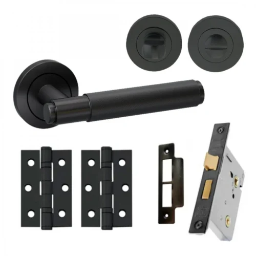 Knurled Internal Bathroom Lever Handle On Round Rose Pack - Matt Black (116758)