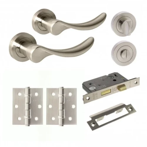 Mediterranean Malaga Round Lever Bathroom Door Handle Set - Satin Nickel (290611)