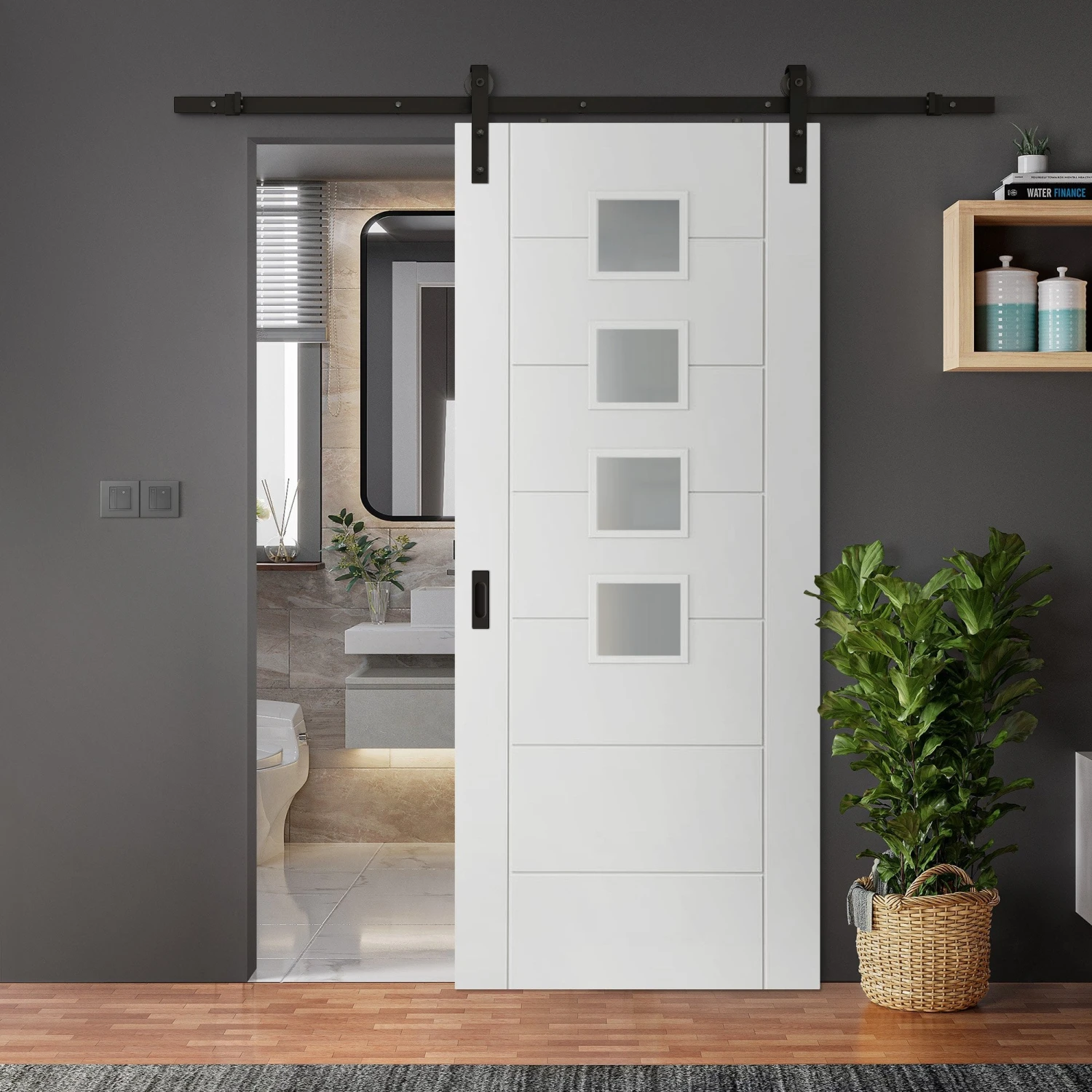 White Internal Primed Pedrena 7 Panel 4 Light Obscure Glass Sliding Door - Black Face Mounted (120001) 1 White Internal Primed Pedrena 7 Panel 4 Light Obscure Glass Sliding Door - Black Face Mounted (120001)