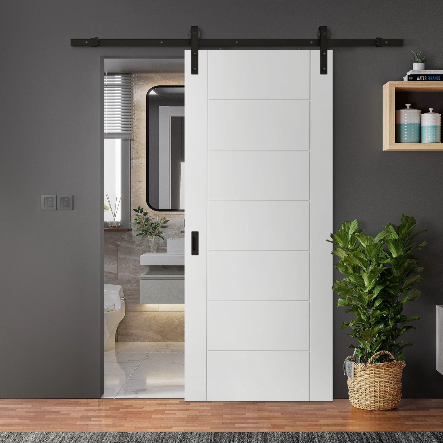 White Internal Primed Pedrena 7 Panel Sliding Door - Black Face Mounted (120002) 1 White Internal Primed Pedrena 7 Panel Sliding Door - Black Face Mounted (120002)