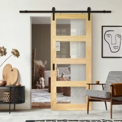 Clear Pine Internal Unfinished Shaker 4 Light Clear Glass Sliding Door - Black Face Mounted (119910)