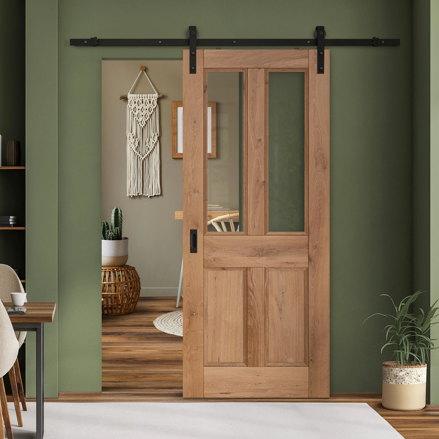 Rustic Oak Internal Fully Finished Malton 4 Panel Clear Glazed Sliding Door - Black Face Mounted (119912) 1 Rustic Oak Internal Fully Finished Malton 4 Panel Clear Glazed Sliding Door - Black Face Mounted (119912)