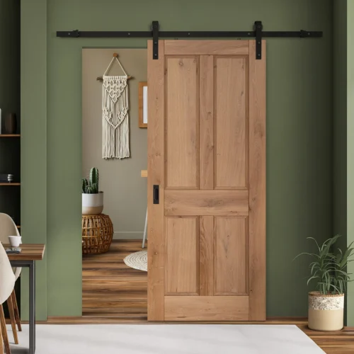 Rustic Oak Internal Fully Finished Victorian 4 Panel Sliding Door - Black Face Mounted (119913)