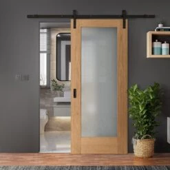 Oak Internal Unfinished Pattern 10 1 Light Obscure Glass Sliding Door - Black Face Mounted (119946)