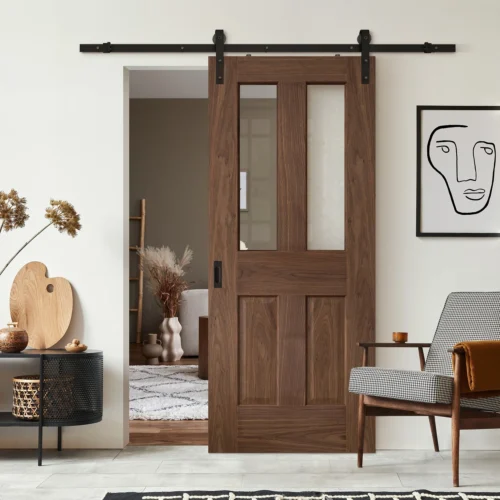 Walnut Internal Fully Finished Victorian 1 Light Sliding Door - Black Face Mounted (119967)