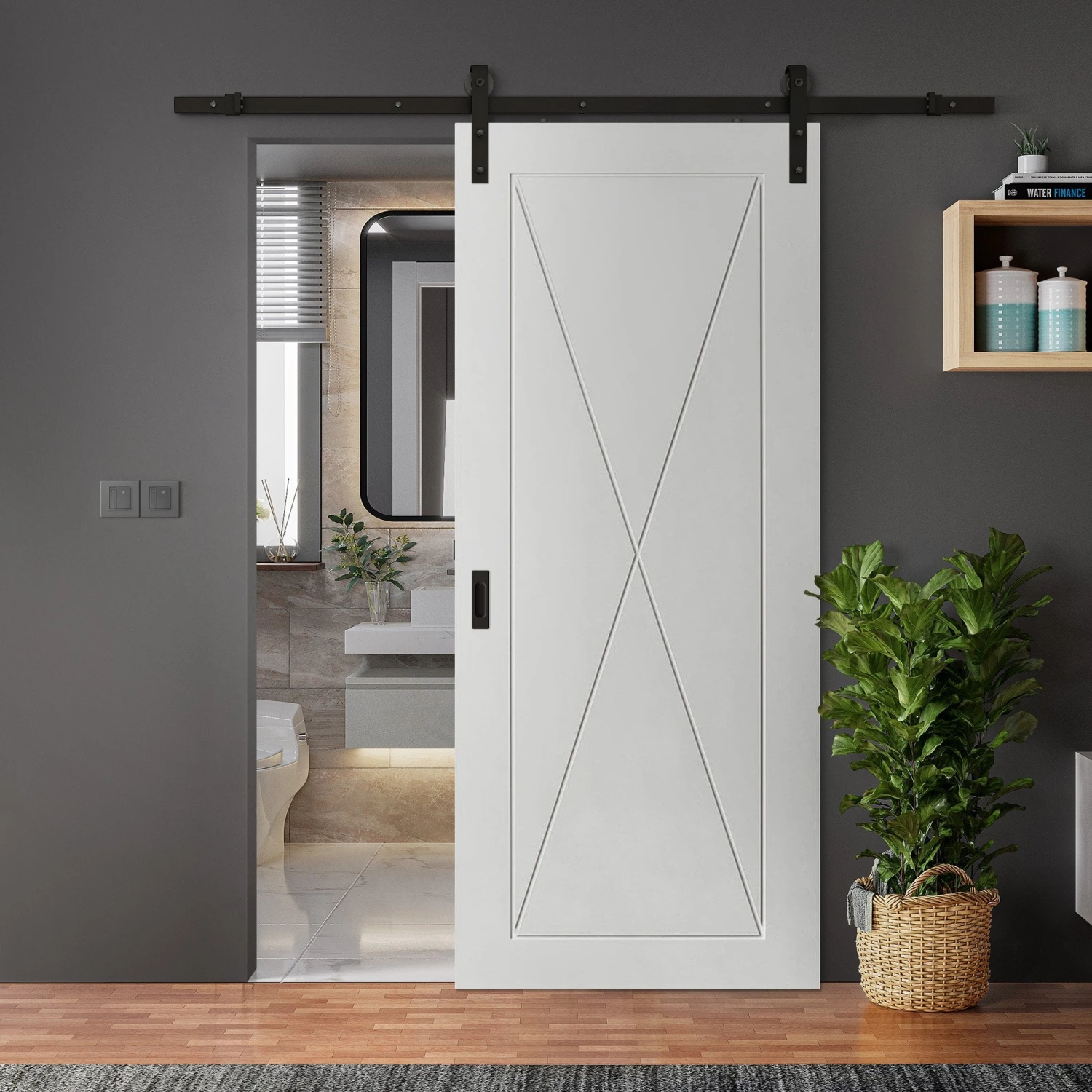 White Internal Primed Alexa 4 Panel Sliding Door - Black Face Mounted (119972) 1 White Internal Primed Alexa 4 Panel Sliding Door - Black Face Mounted (119972)