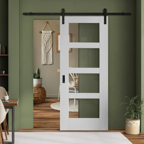 White Internal Primed Shaker 4 Light Clear Glass Sliding Door - Black Face Mounted (120004)