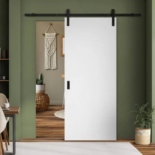White Primed Internal Lifestyle Flush Sliding Door - Black Face Mounted (120035)