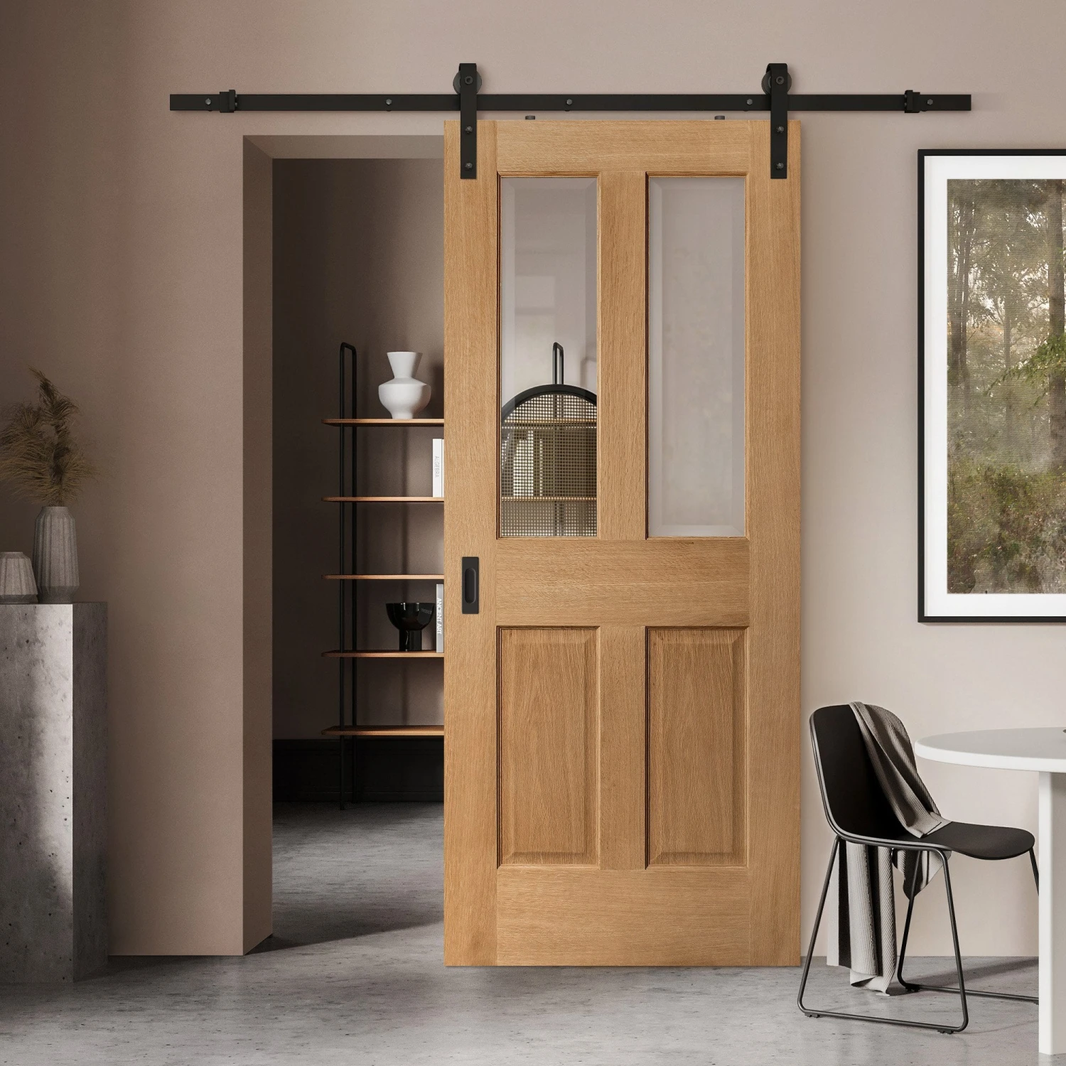 Oak Internal Unfinished Traditional Victorian 2 Panel 2 Light Clear Bevelled Glass Sliding Door - Black Face Mounted (120575) 1 Oak Internal Unfinished Traditional Victorian 2 Panel 2 Light Clear Bevelled Glass Sliding Door - Black Face Mounted (120575)