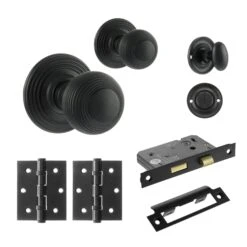 Ripon Round Reeded Mortice Bathroom Door Knob Set - Matt Black (120417)