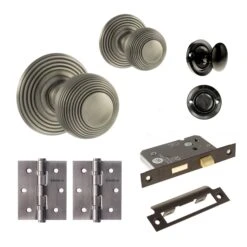 Ripon Round Reeded Mortice Bathroom Door Knob Set - Gun Metal (120432)