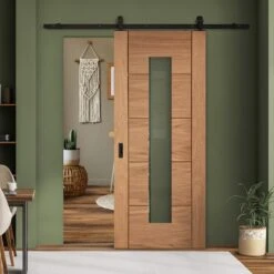 Oak Internal Unfinished Parma 1 Light Clear Glass Sliding Door - Black Top Mounted (120662)