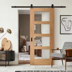 Oak Internal Unfinished Shaker 4 Light Clear Glass Sliding Door - Black Top Mounted (120667)