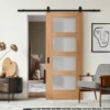 Oak Internal Unfinished Shaker 4 Light Obscure Glass Sliding Door - Black Top Mounted (120668)