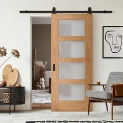 Oak Internal Unfinished Shaker 4 Light Obscure Glass Sliding Door - Black Top Mounted (120668)