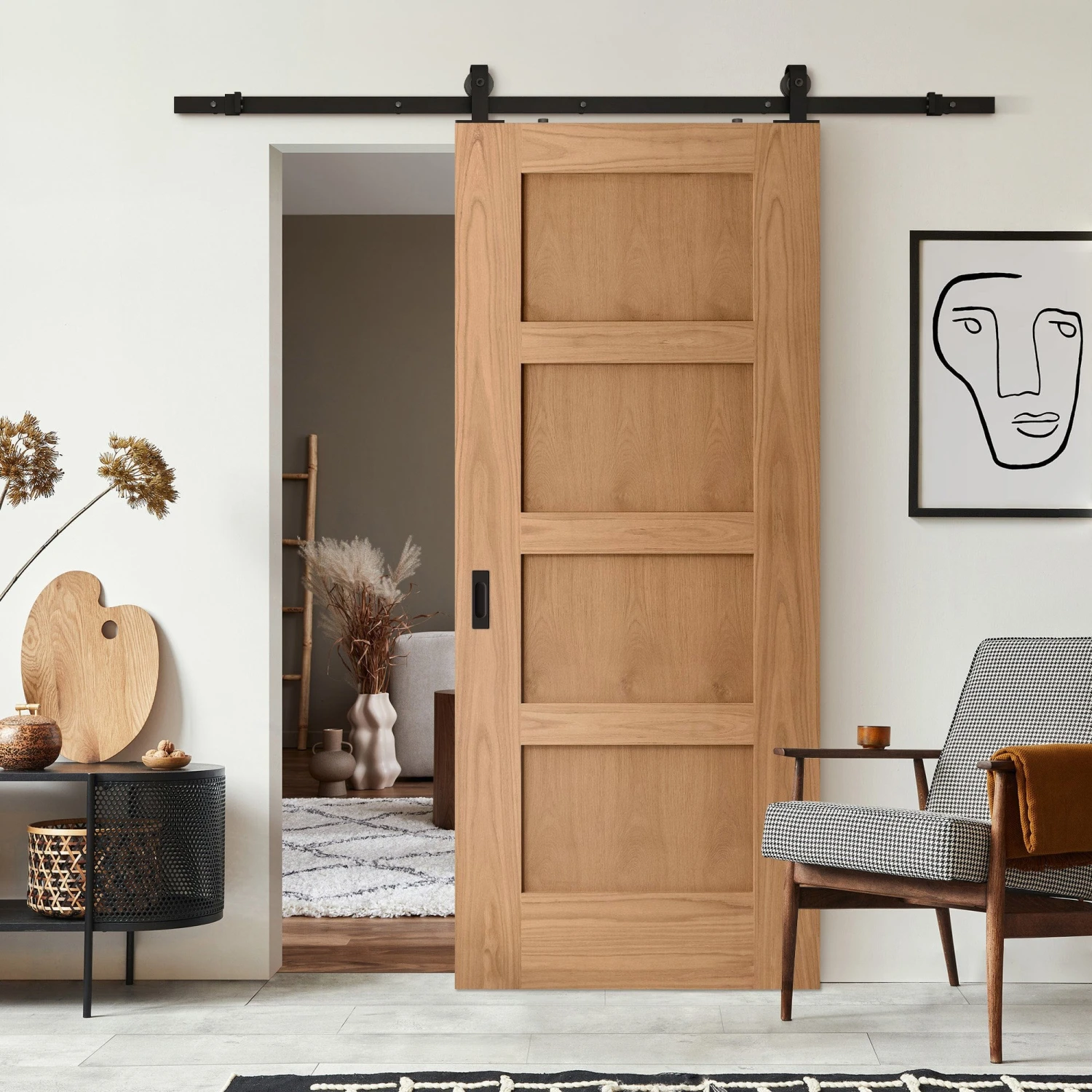 Oak Internal Unfinished Shaker 4 Panel Sliding Door - Black Top Mounted (120669) 1 Oak Internal Unfinished Shaker 4 Panel Sliding Door - Black Top Mounted (120669)