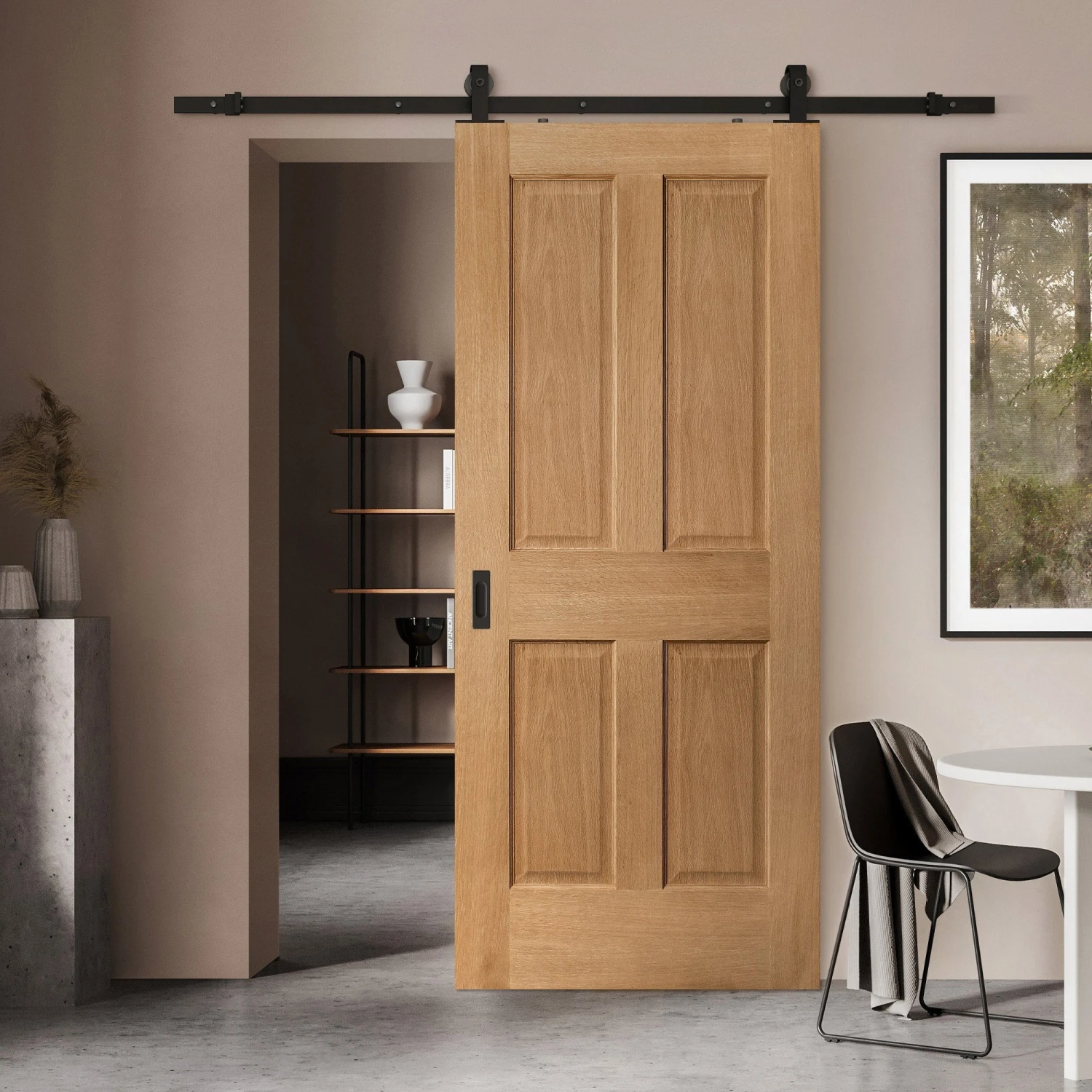 Oak Internal Unfinished Traditional Victorian 4 Panel Sliding Door - Black Top Mounted (120675) 1 Oak Internal Unfinished Traditional Victorian 4 Panel Sliding Door - Black Top Mounted (120675)