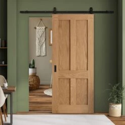 Oak Internal Unfinished Victorian 4 Panel Flat Sliding Door - Black Top Mounted (120678)