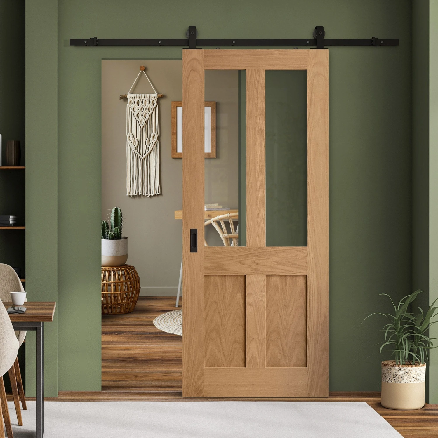 Oak Internal Unfinished Victorian Shaker 2 Panel 2 Light Clear Glass Sliding Door - Black Top Mounted (120679) 1 Oak Internal Unfinished Victorian Shaker 2 Panel 2 Light Clear Glass Sliding Door - Black Top Mounted (120679)