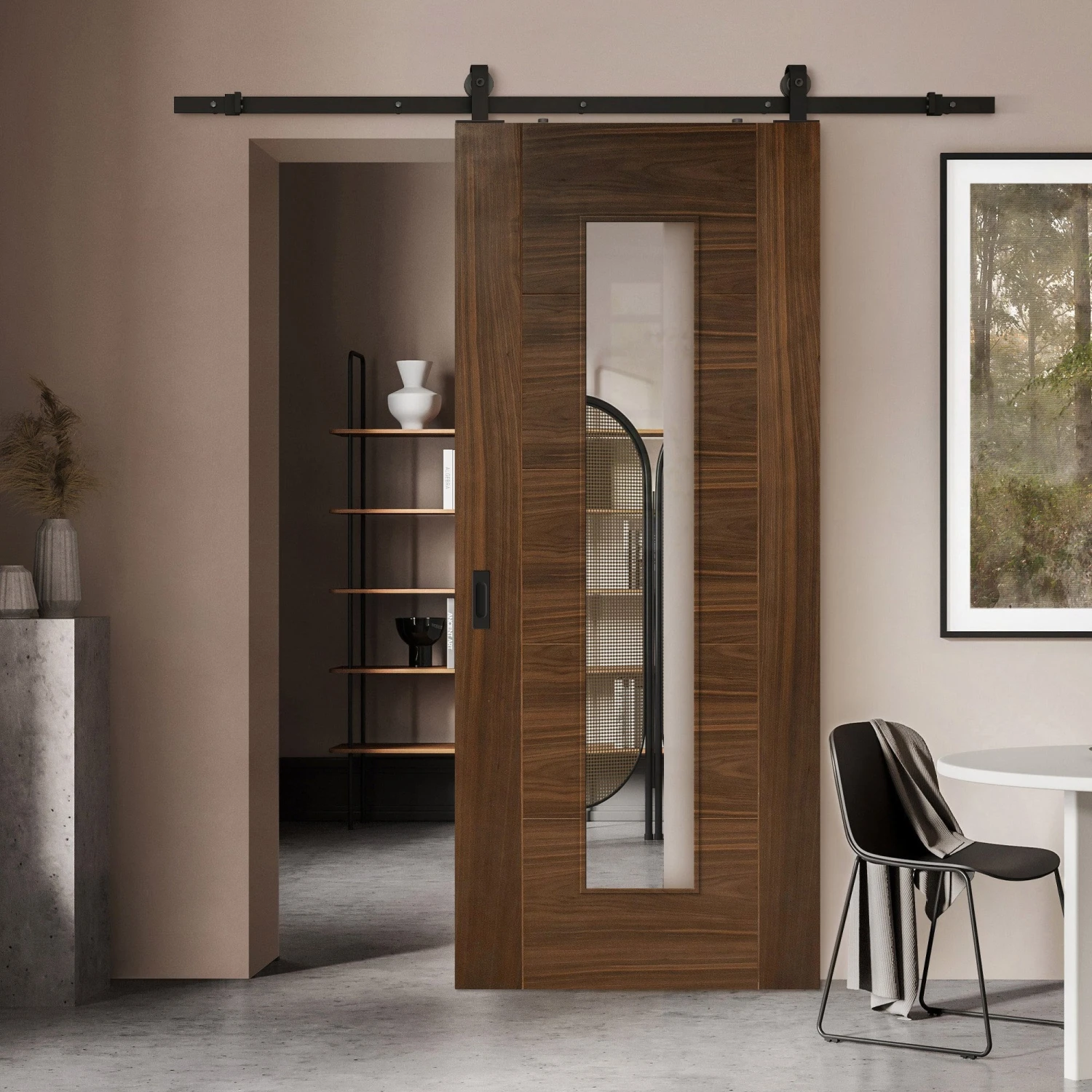Walnut Internal Fully Finished Milano 1 Light Clear Glass Sliding Door - Black Top Mounted (120685) 1 Walnut Internal Fully Finished Milano 1 Light Clear Glass Sliding Door - Black Top Mounted (120685)
