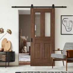 Walnut Internal Fully Finished Victorian 1 Light Sliding Door - Black Top Mounted (120687)