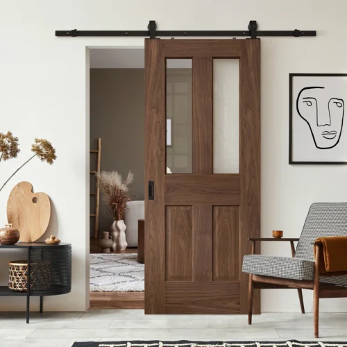 Walnut Internal Fully Finished Victorian 1 Light Sliding Door - Black Top Mounted (120687)