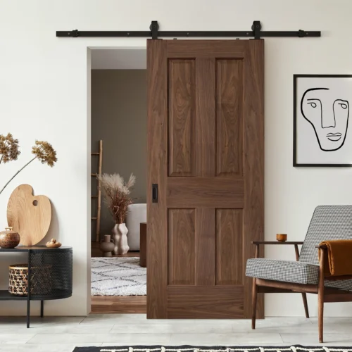 Walnut Internal Fully Finished Victorian 4 Panel Sliding Door - Black Top Mounted (120688)