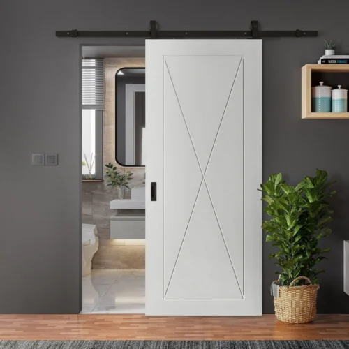 White Primed Internal Alexa 4 Panel Sliding Door - Black Top Mounted (120692)