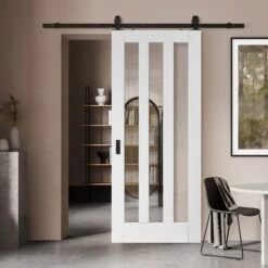 White Primed Internal Ashton 3 Light Clear Glass Sliding Door - Black Top Mounted (120693)
