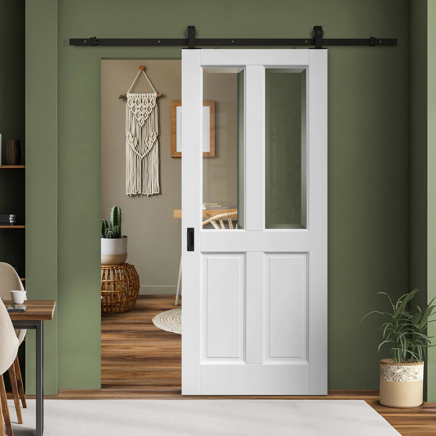 White Primed Internal Berkeley 4 Panel 2 Light With Clear Bevelled Glass Sliding Door - Black Top Mounted (120698) 1 White Primed Internal Berkeley 4 Panel 2 Light With Clear Bevelled Glass Sliding Door - Black Top Mounted (120698)