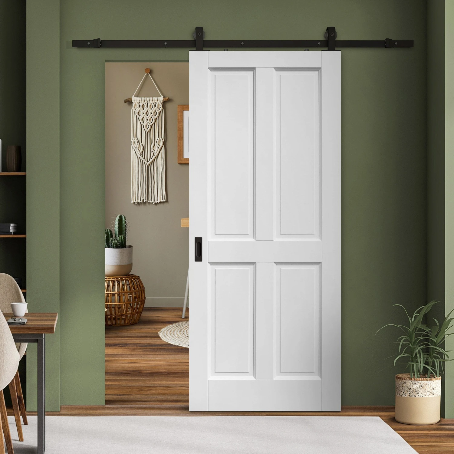 White Primed Internal Berkeley 4 Panel Sliding Door - Black Top Mounted (120699) 1 White Primed Internal Berkeley 4 Panel Sliding Door - Black Top Mounted (120699)