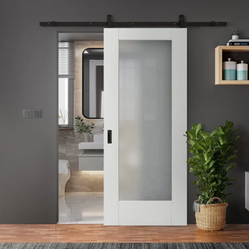 White Primed Internal Pattern 10 1 Light Obscure Glass Sliding Door - Black Top Mounted (120717)