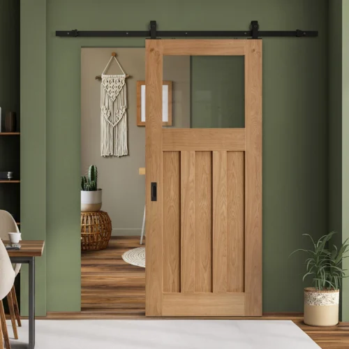 Oak Internal Unfinished 1930's DX 3 Panel 1 Light Clear Glass Sliding Door - Black Top Mounted (120748)