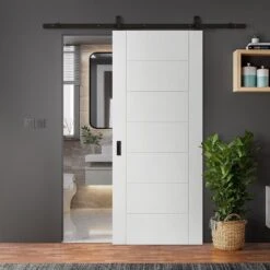 White Primed Internal Pedrena 7 Panel Sliding Door - Black Top Mounted (120751)