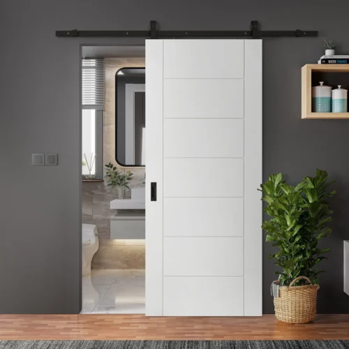 White Primed Internal Pedrena 7 Panel Sliding Door - Black Top Mounted (120751)