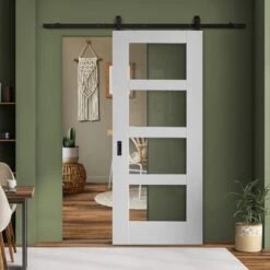 White Primed Internal Shaker 4 Light Clear Glass Sliding Door - Black Top Mounted (120752)