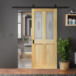 Clear Pine Internal Unfinished 2 Panel 2 Light Campion Glass Sliding Door - Black Top Mounted (120753)