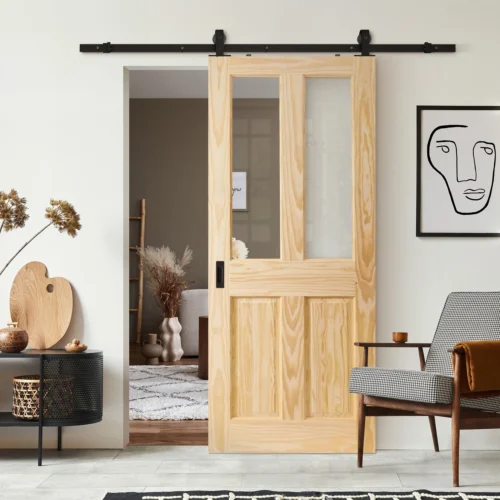 Clear Pine Internal Unfinished 2 Panel 2 Light Clear Glass Sliding Door - Black Top Mounted (120754)