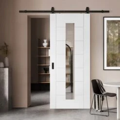White Primed Internal Pedrena 7 Panel 1 Light Clear Glass Sliding Door - Black Top Mounted (120758)