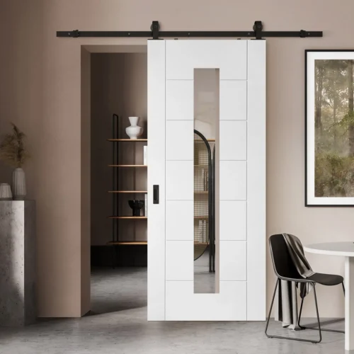 White Primed Internal Pedrena 7 Panel 1 Light Clear Glass Sliding Door - Black Top Mounted (120758)