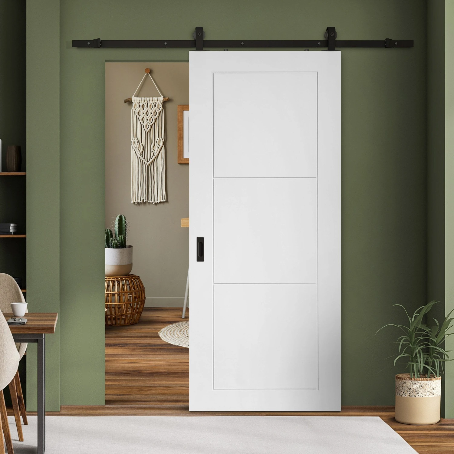 White Primed Internal Temple 3 Panel Sliding Door - Black Top Mounted (120762) 1 White Primed Internal Temple 3 Panel Sliding Door - Black Top Mounted (120762)