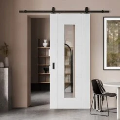 White Primed Internal Trent 3 Panel 1 Light Clear Glass Sliding Door - Black Top Mounted (120765)