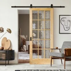 Clear Pine Internal Unfinished SA 15 Flemish Glass Door Sliding Door - Black Top Mounted (120789)