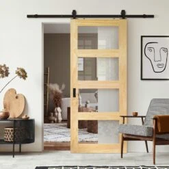 Clear Pine Internal Unfinished Shaker 4 Light Clear Glass Sliding Door - Black Top Mounted (120791)