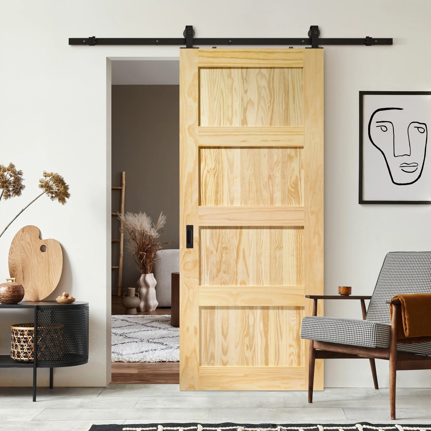 Clear Pine Internal Unfinished Shaker 4 Panel Sliding Door - Black Top Mounted (120792) 1 Clear Pine Internal Unfinished Shaker 4 Panel Sliding Door - Black Top Mounted (120792)