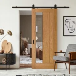 Oak Internal Fully Finished Farley 1 Light Clear Offset Glass Sliding Door - Black Top Mounted (120808)